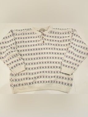 Cream Knit Henley Crew Sweater with Navy & Burgundy Dot Pattern